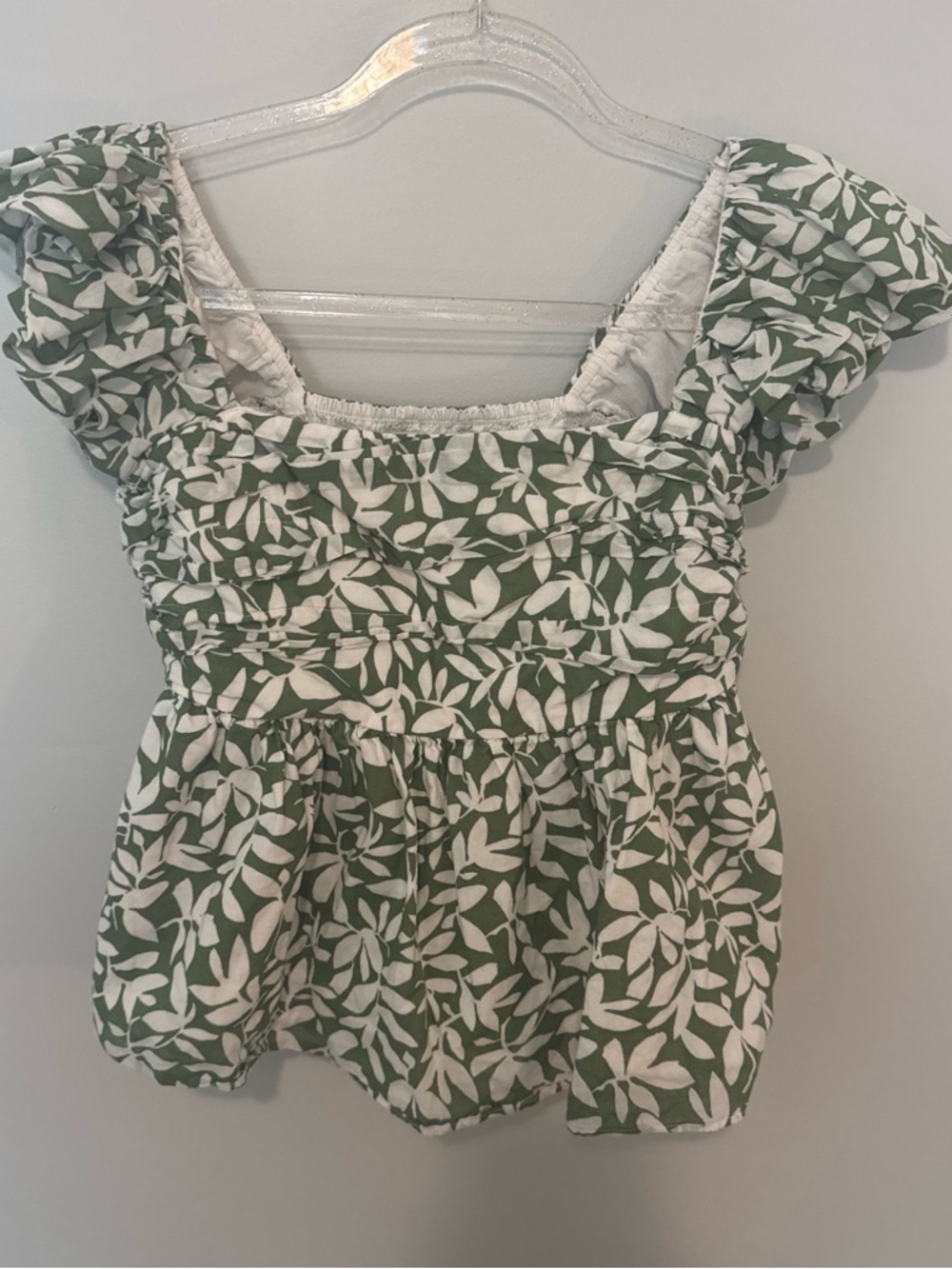 Smocked Square-Neck Peplum Top in Green Leaf Print